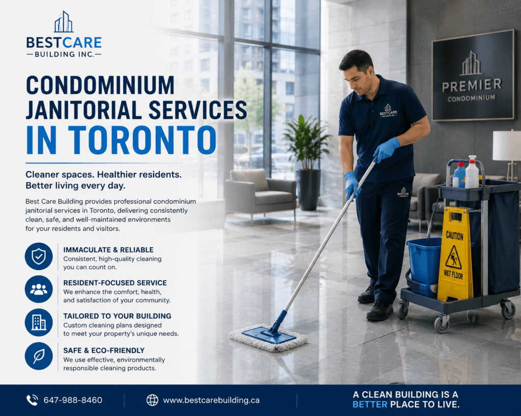 Best Care condominium janitorial services promotional banner featuring a uniform cleaner mopping a luxury condo lobby