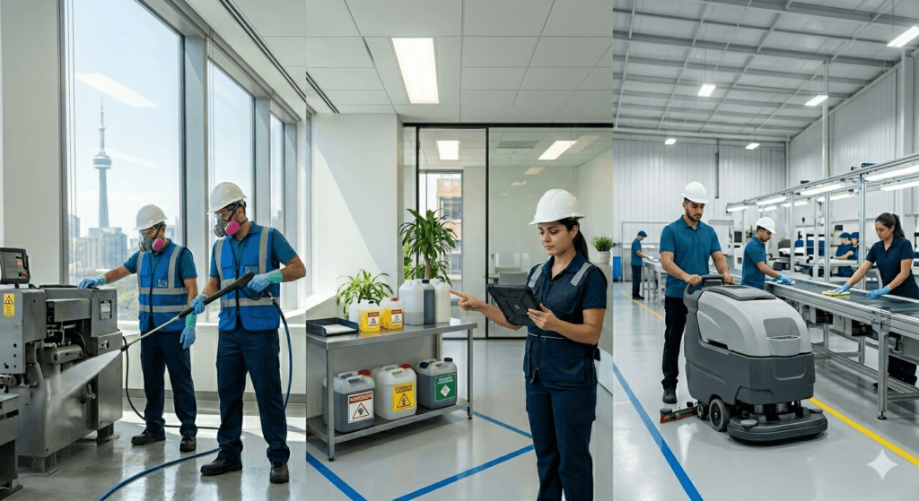 Best Care uniform crew performing industrial cleaning, operating a ride-on floor scrubber, and pressure washing inside a Toronto manufacturing facility
