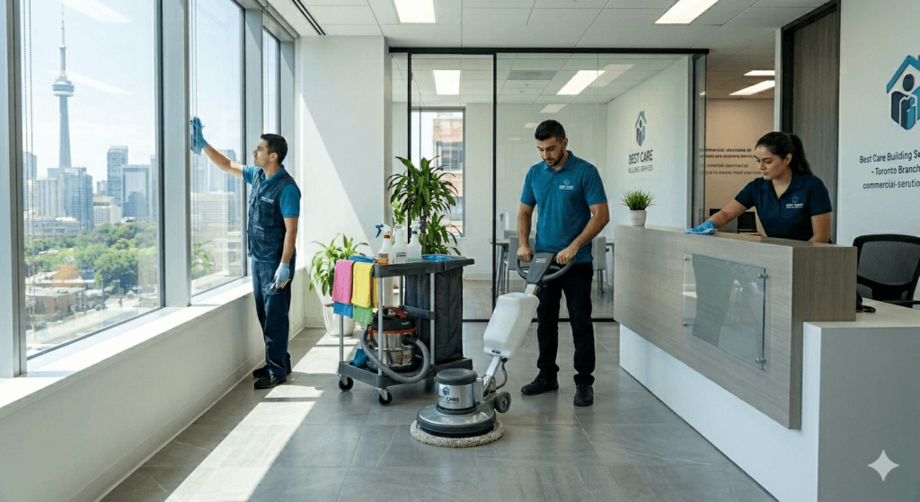 Best Care professional office cleaning crew washing high-rise windows, buffing floors, and cleaning a corporate lobby with the Toronto CN Tower in the background