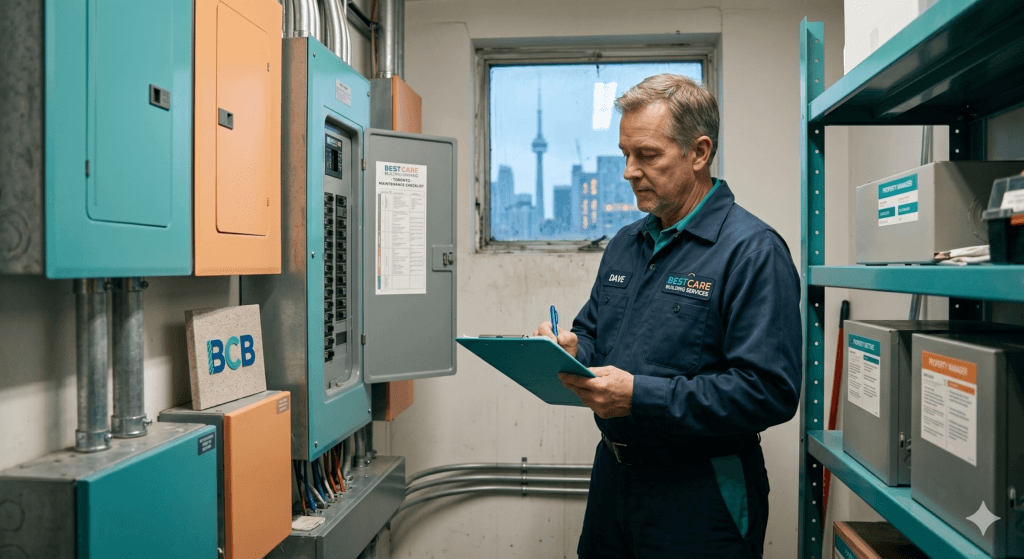 Best Care building superintendent conducting an electrical panel inspection in a utility room with the Toronto CN Tower visible through the window