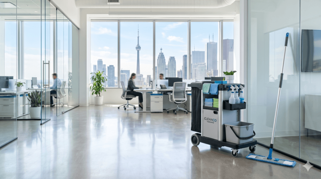 Best Care professional janitorial cleaning cart in a modern corporate office with the Toronto CN Tower visible in the background