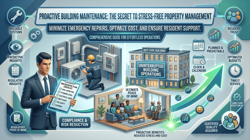 Infographic explaining why proactive building maintenance is the secret to stress-free property management, detailing preventative plan checklists, HVAC, plumbing, and electrical inspections