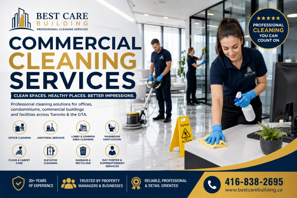 Best Care Building Commercial Cleaning Services infographic banner showing office, condo, and janitorial solutions in Toronto and the GTA.
