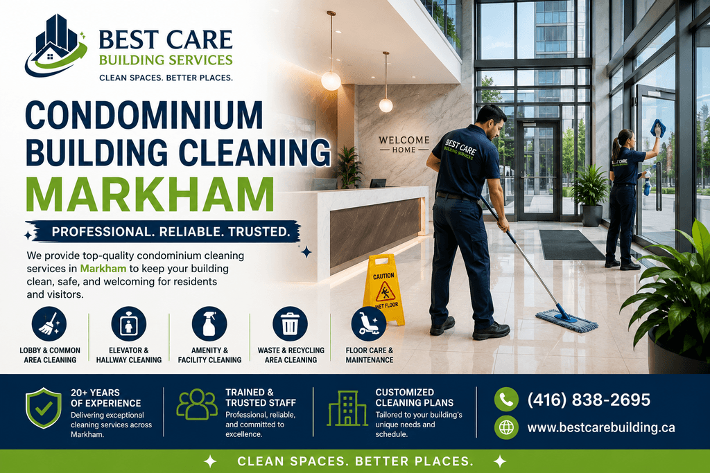 Professional condominium building cleaning services banner in Markham by Best Care Building Services, showing staff cleaning a modern condo lobby.