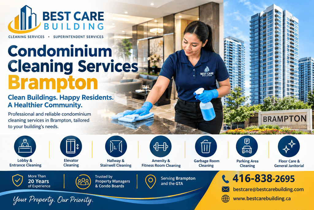 Condominium cleaning services in Brampton promotional flyer by Best Care Building Services