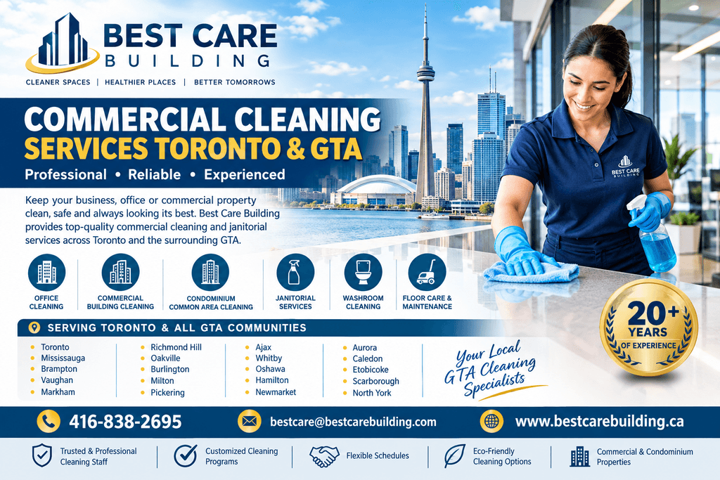 Commercial cleaning services in Toronto and GTA banner showing Best Care Building logo and professional cleaner