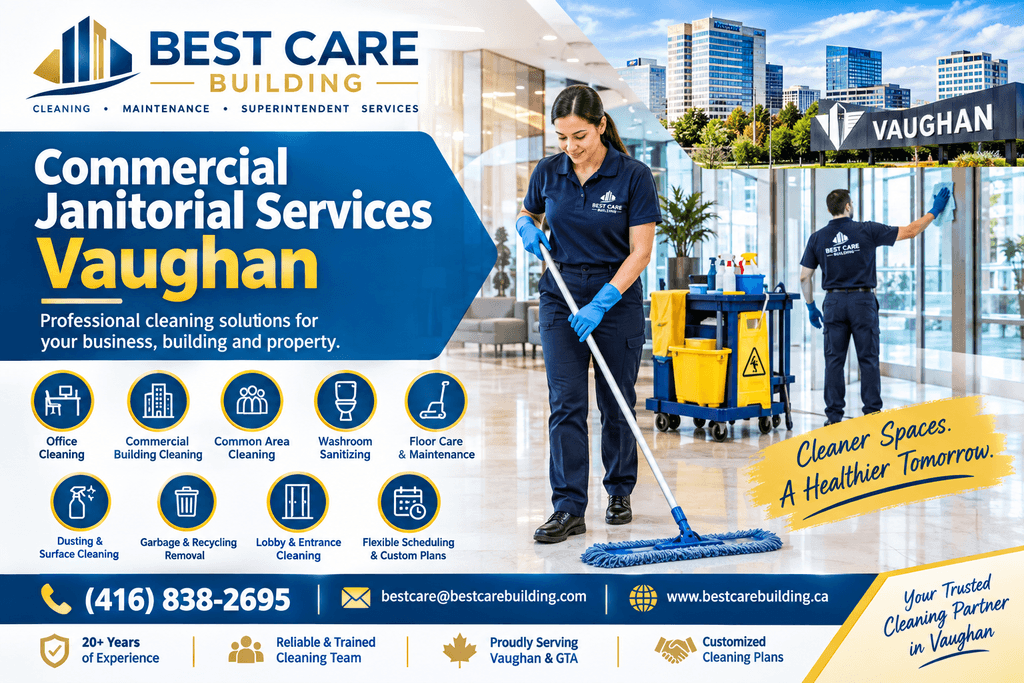 Commercial Janitorial Services in Vaughan banner by Best Care Building showing cleaning staff, phone number, and website