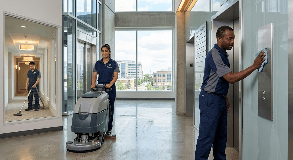 Professional commercial cleaners using equipment to clean an office hallway and floor in Brampton