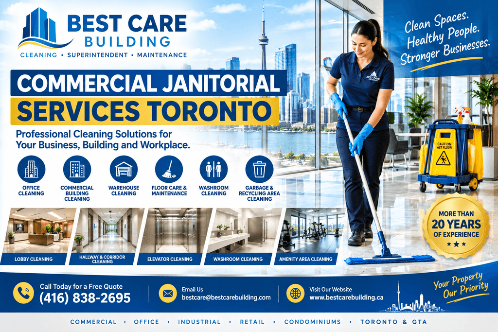 Commercial janitorial services Toronto banner featuring Best Care Building crew
