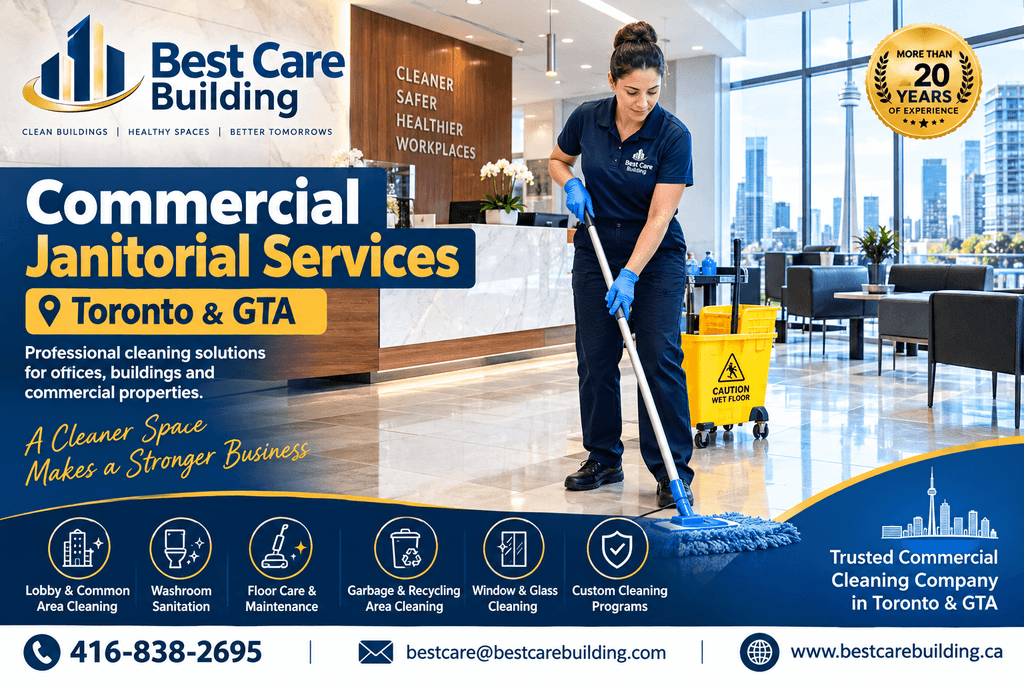 Best Care commercial janitorial services banner featuring professional cleaning staff in Toronto